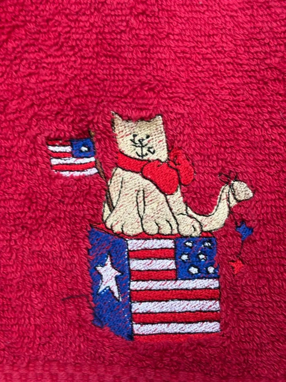 St Mary’s Red Hand Towel with Patriotic Cat Embroidery